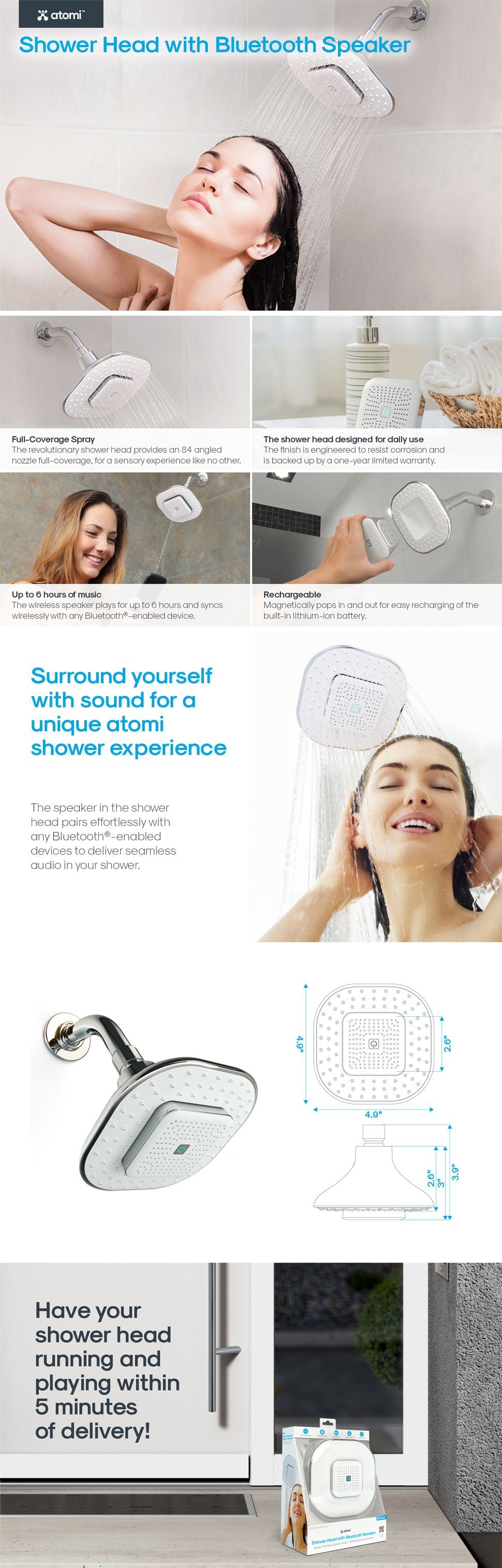 Atomi 4.9 in. 1Spray Bluetooth Wall Mounted Shower Head with